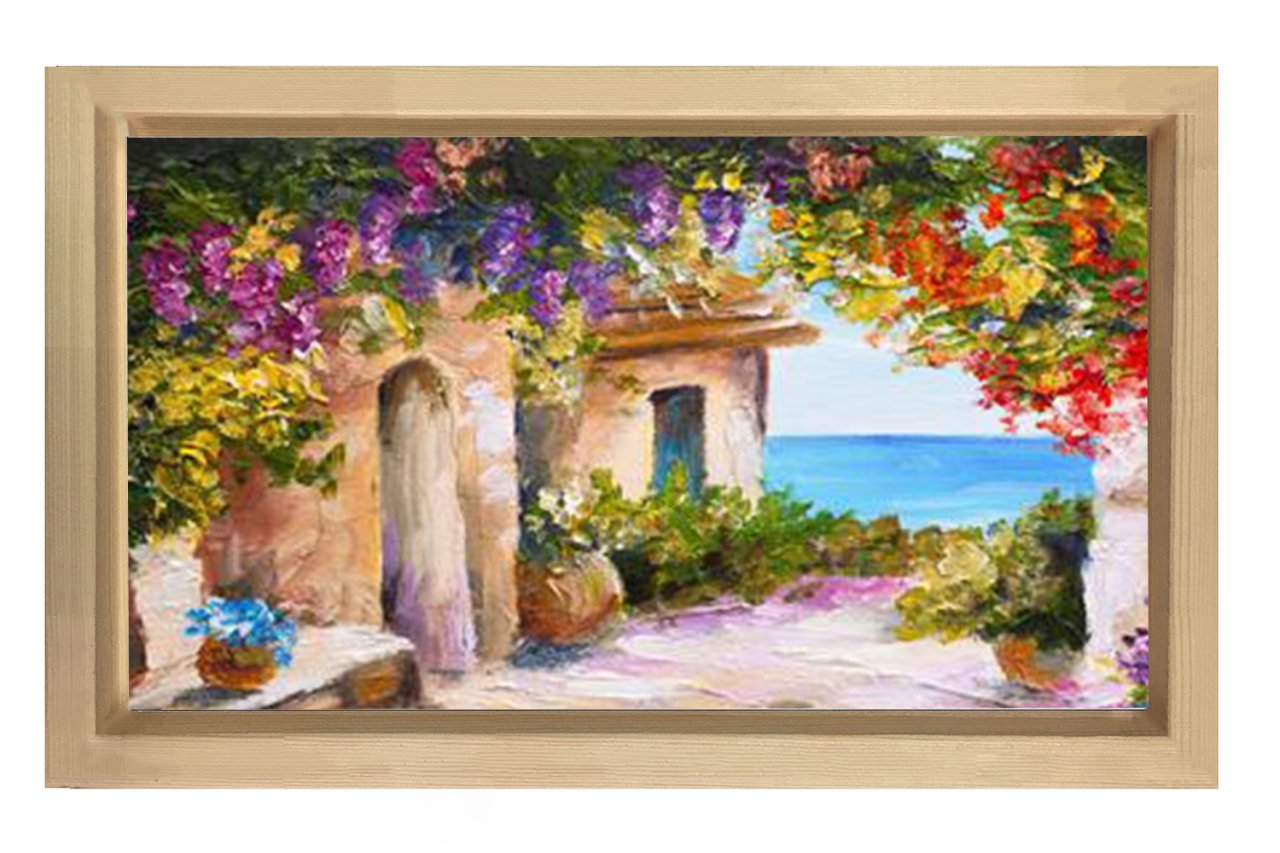 Çiçekli Manzara Yağlıboya Tablosu Naturel Ahşap Çerçeve - 50x70