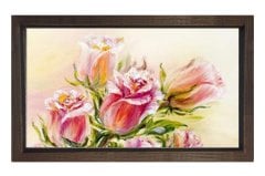 Pembe Gül Çiçekler Tablosu Kahverengi Ahşap Çerçeve - 40x60