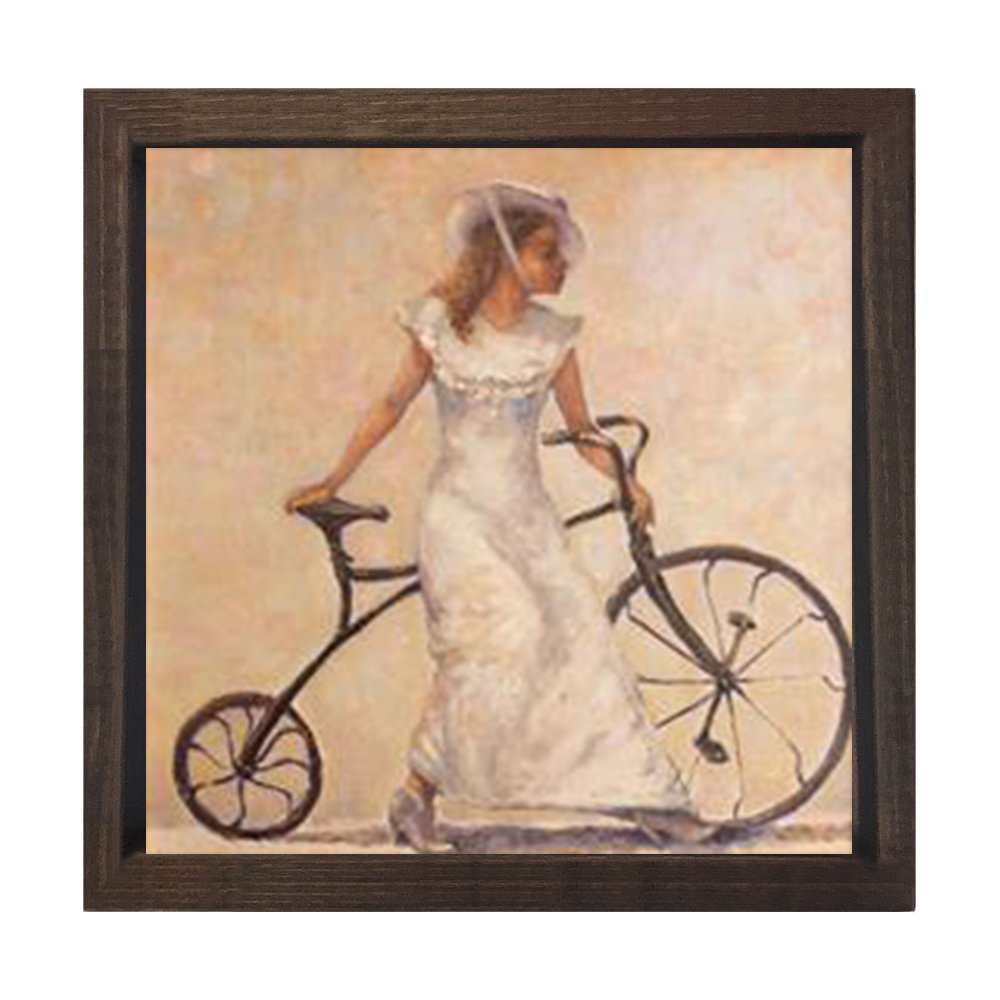 Kadın ve Bisikleti Tablosu Kahverengi Ahşap Çerçeve - 40x40