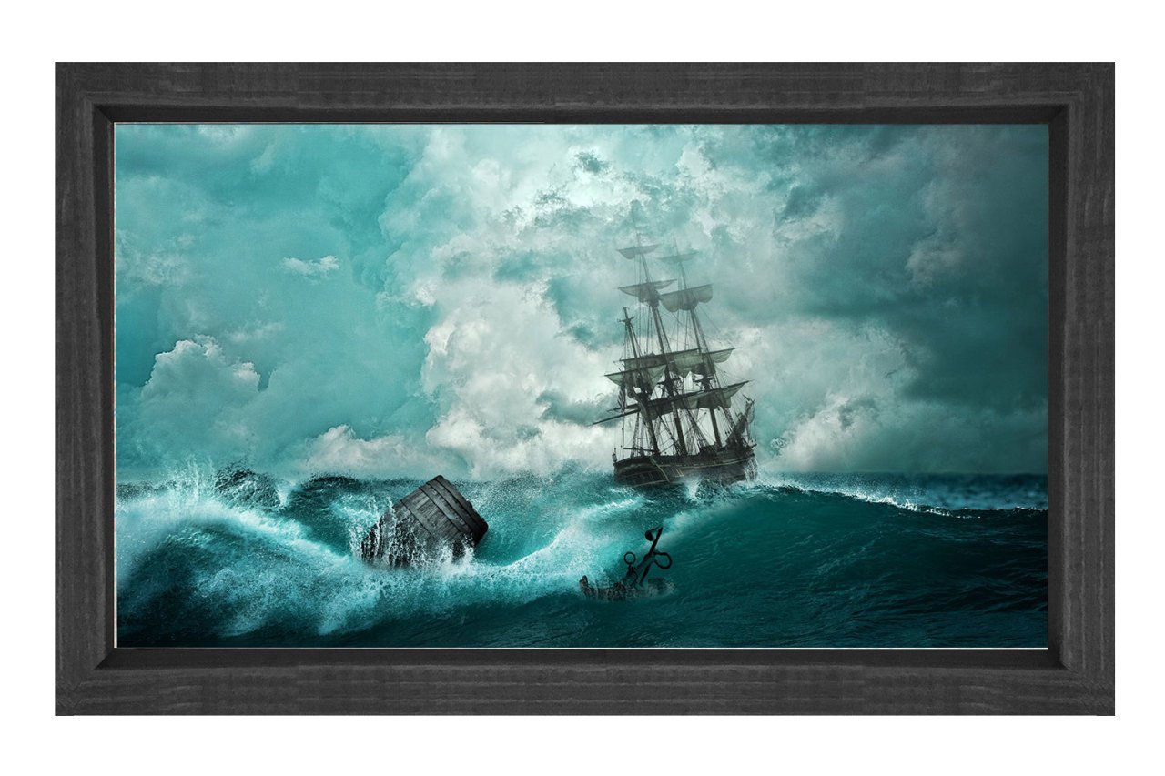 Fırtınalı Bir Deniz ve Yelkenli Tablosu Siyah Ahşap Çerçeve - 50x90