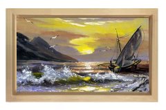Gemi Manzara Reprödiksiyon Tablosu Naturel Ahşap Çerçeve - 40x60