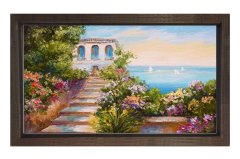 Çiçekli Deniz Manzarası Tablosu Kahverengi Ahşap - 50x90