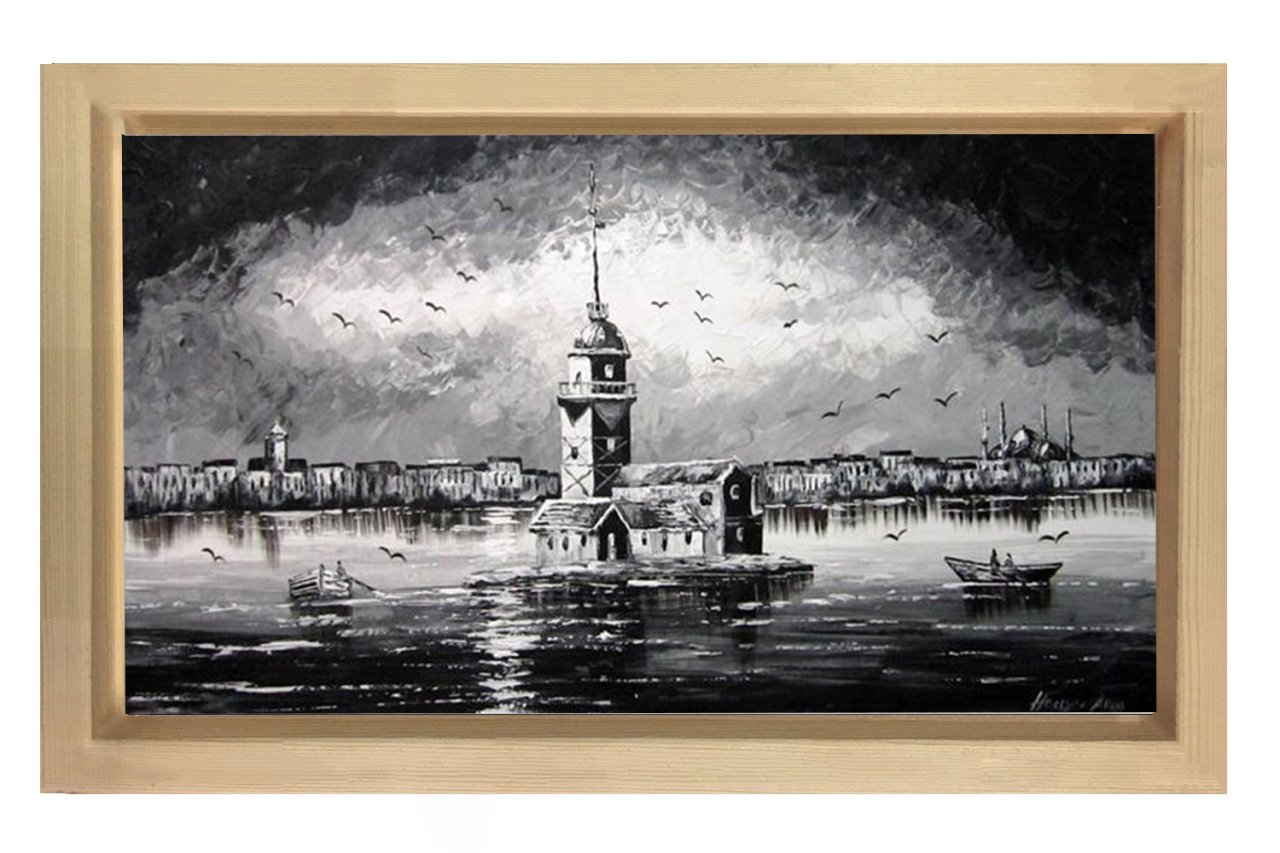 Kız Kulesi Siyah Beyaz Tablosu Naturel Ahşap - 100x200