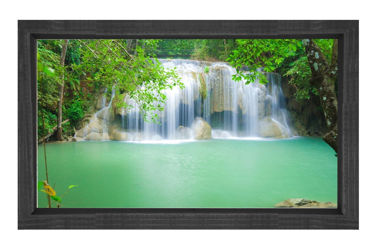 Yeşil Şelale Manzarası Tablosu Siyah Ahşap Çerçeve - 50x70