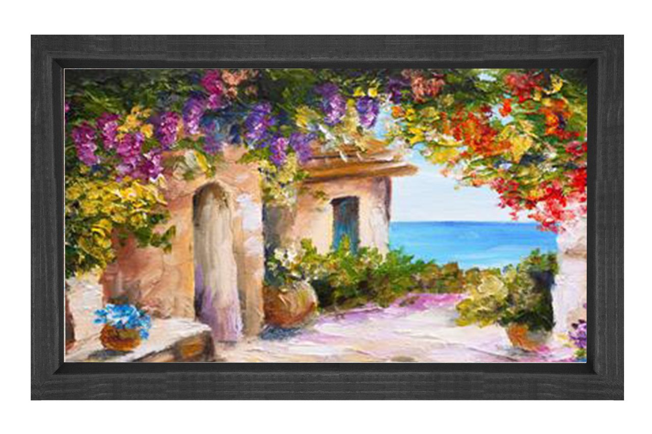 Çiçekli Manzara Yağlıboya Tablosu Siyah Ahşap Çerçeve - 50x70