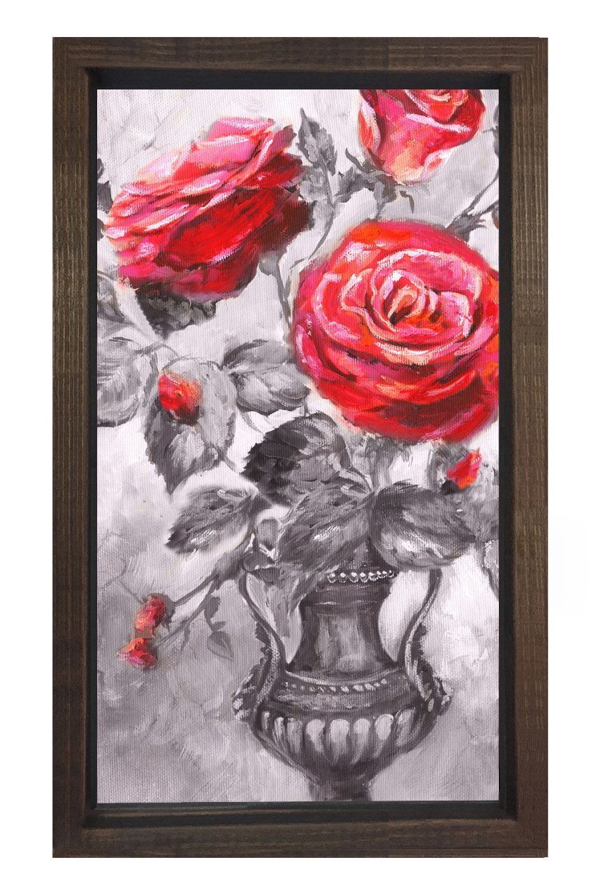 Kırmızı Güller Vazoda Tablosu Kahverengi Ahşap Çerçeve - 100x150