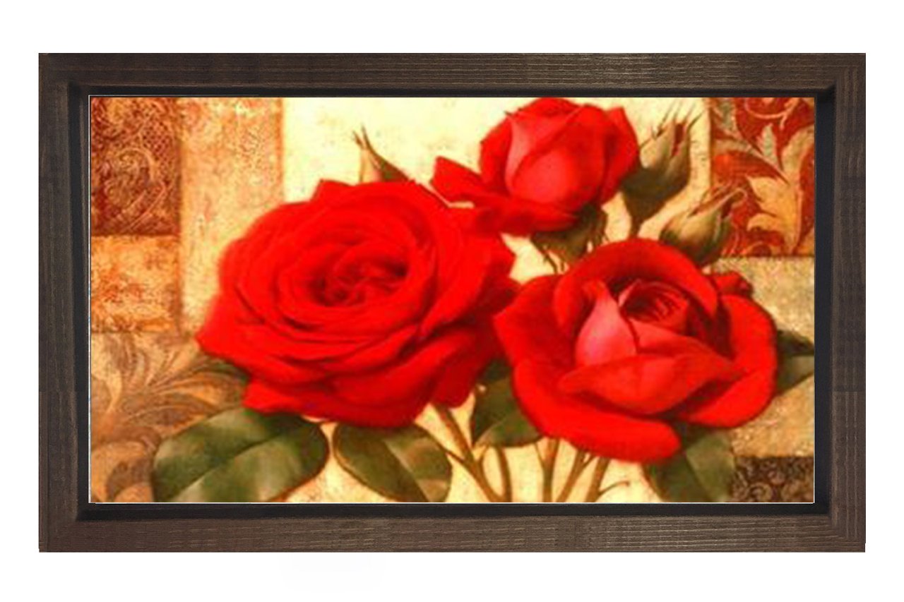 Kırmızı Gül Çiçekleri Tablosu Kahverengi Ahşap Çerçeve - 100x200