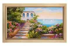 Çiçekli Deniz Manzarası Tablosu Naturel Ahşap - 45x30