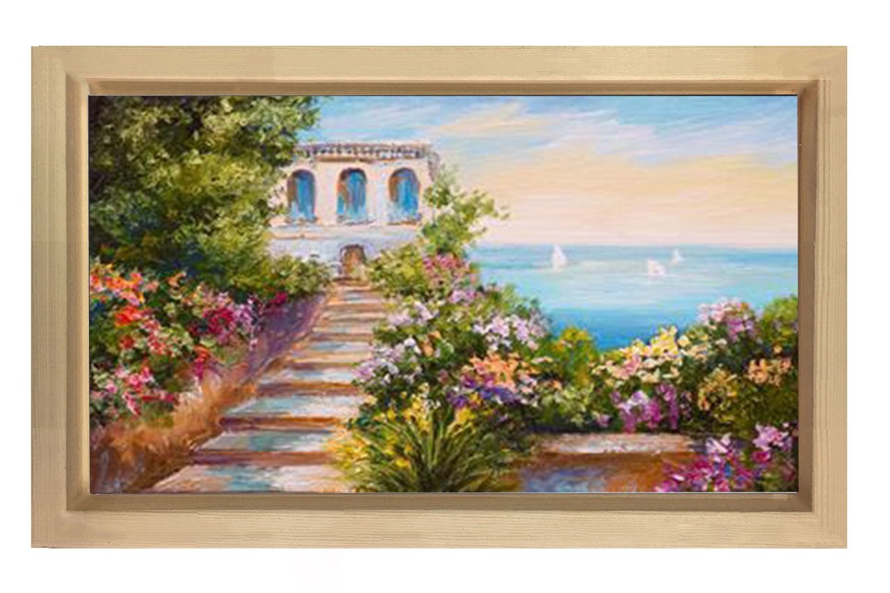 Çiçekli Deniz Manzarası Tablosu Naturel Ahşap - 50x70