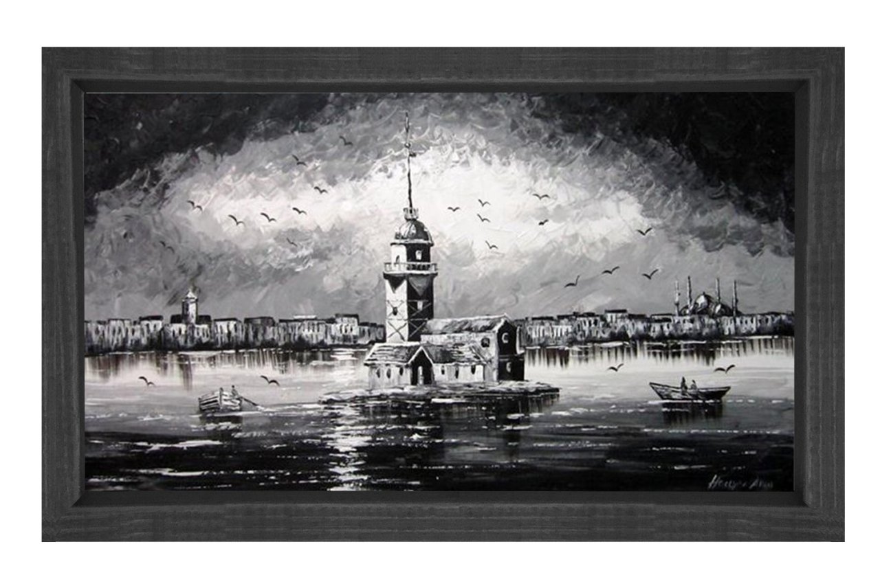 Kız Kulesi Siyah Beyaz Tablosu Siyah Ahşap - 50x70