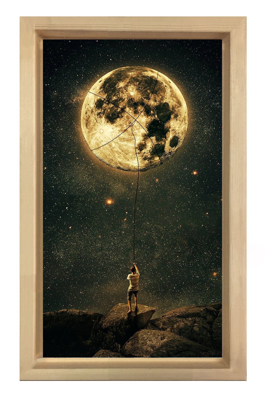 Ay zinciri adam tablosu Naturel Ahşap Çerçeve - 50x90