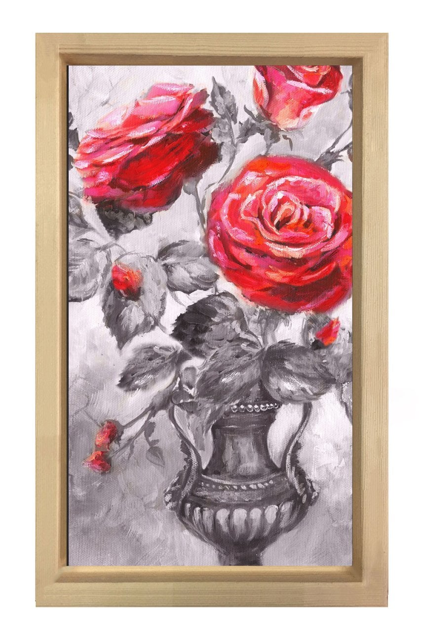 Kırmızı Güller Vazoda Tablosu Naturel Ahşap Çerçeve - 40x60