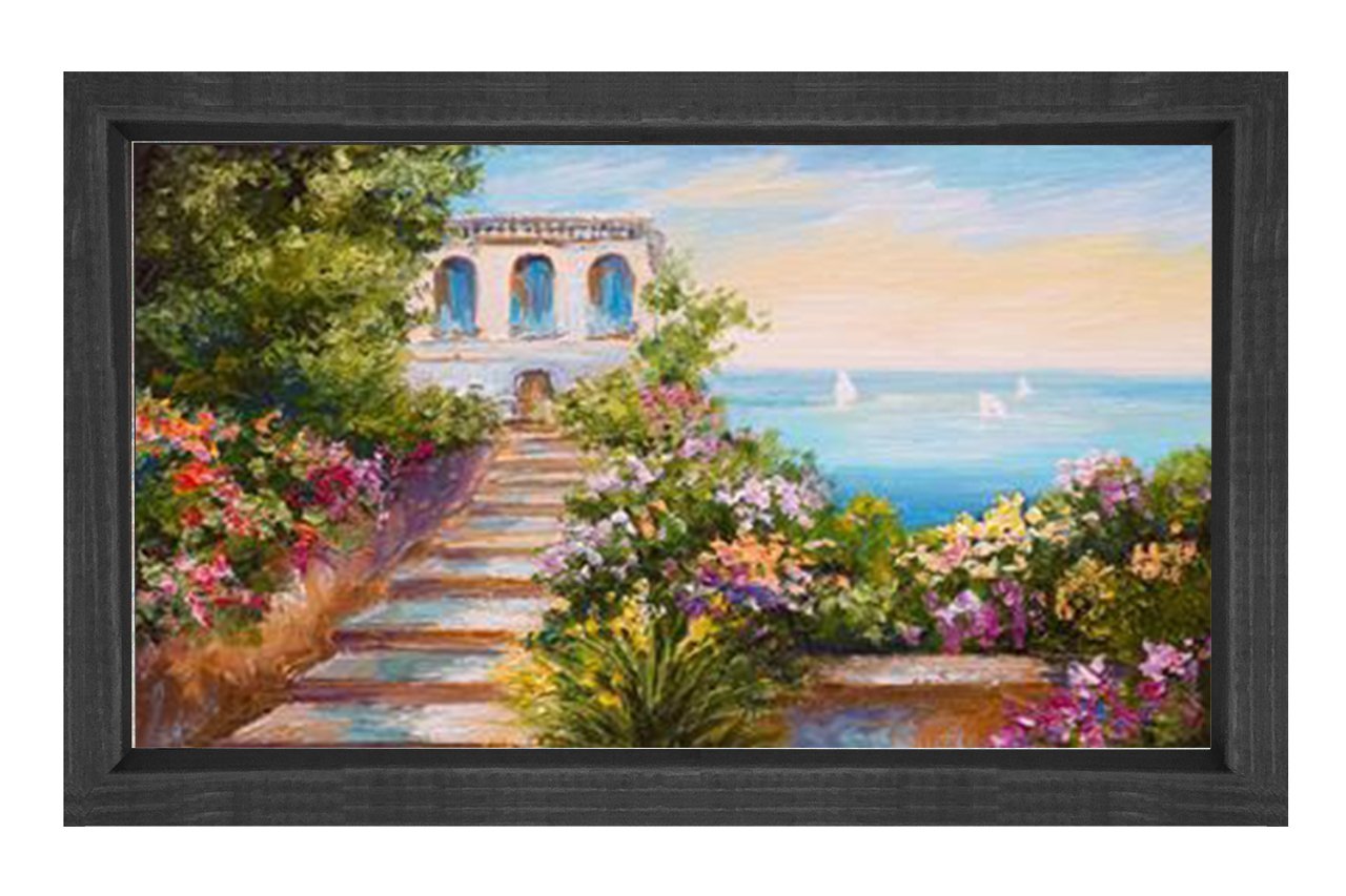 Çiçekli Deniz Manzarası Tablosu Siyah Ahşap - 50x70