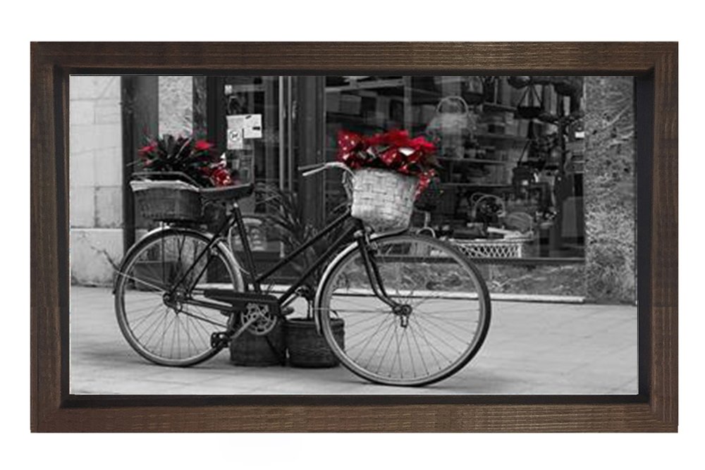 Çiçekli Bisiklet Tablosu Kahverengi Ahşap Çerçeve - 45x30