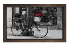 Çiçekli Bisiklet Tablosu Kahverengi Ahşap Çerçeve - 45x30