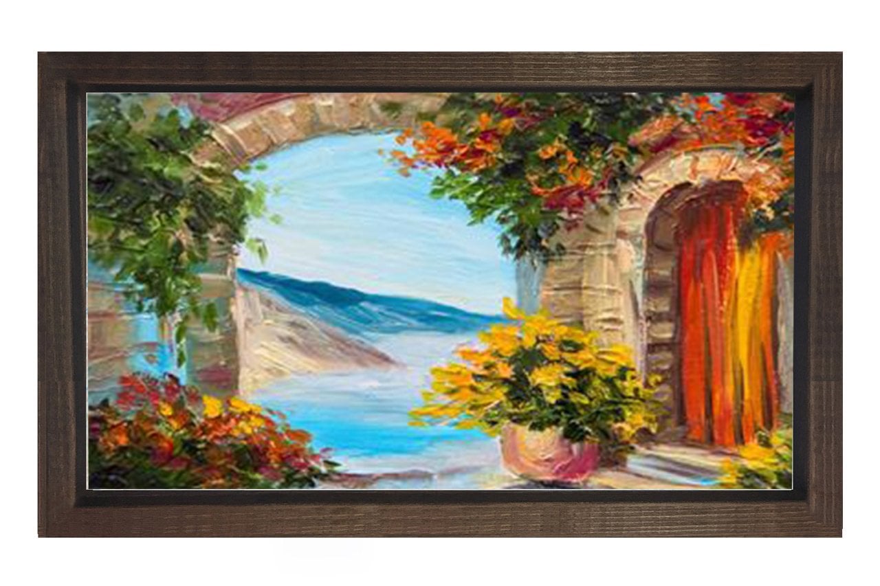 Çiçekli Manzara Yağlıboya Tablosu Kahverengi Ahşap Çerçeve - 50x70