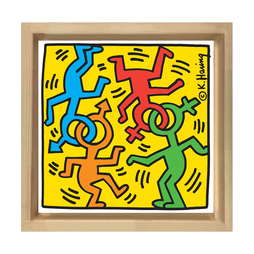 Soyut Renkli Adamlar Tablosu Naturel Ahşap Çerçeve - 40x40