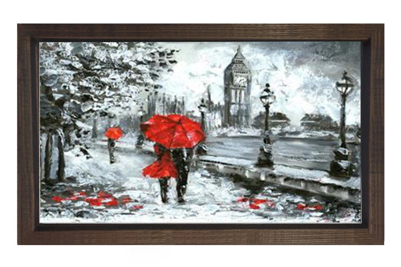 Kırmızı Şemsiyeli Kadın Tablosu Kahverengi Ahşap - 70x100