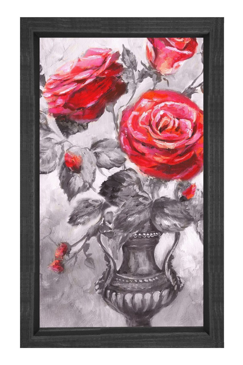Kırmızı Güller Vazoda Tablosu Siyah Ahşap Çerçeve - 45x30