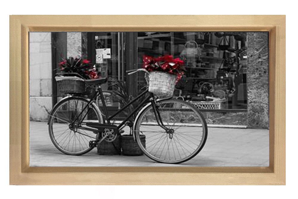Çiçekli Bisiklet Tablosu Naturel Ahşap Çerçeve - 40x60