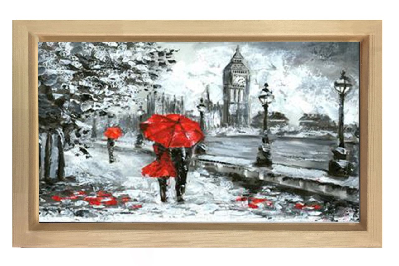 Kırmızı Şemsiyeli Kadın Tablosu Naturel Ahşap - 45x30