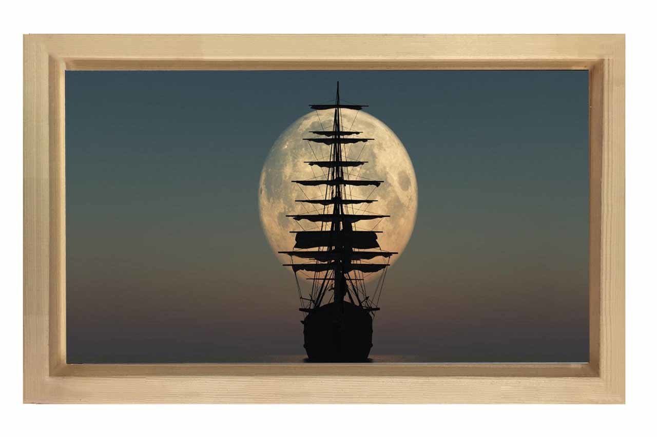Gece Ay Ve Gemi Tablosu Naturel Ahşap Çerçeve - 40x60