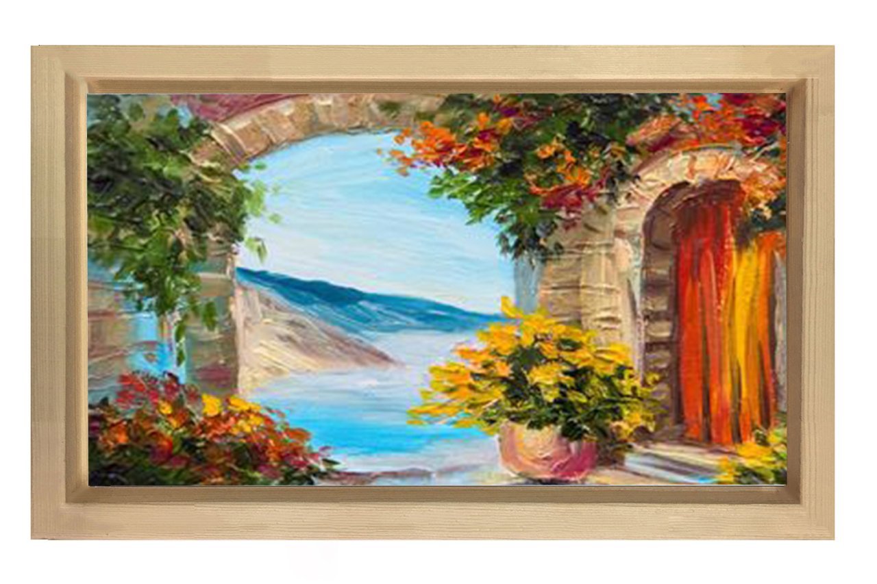 Çiçekli Manzara Yağlıboya Tablosu Naturel Ahşap Çerçeve - 50x90