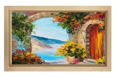 Çiçekli Manzara Yağlıboya Tablosu Naturel Ahşap Çerçeve - 50x90