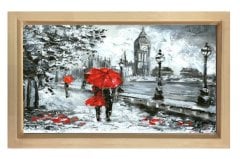 Kırmızı Şemsiyeli Kadın Tablosu Naturel Ahşap - 50x90