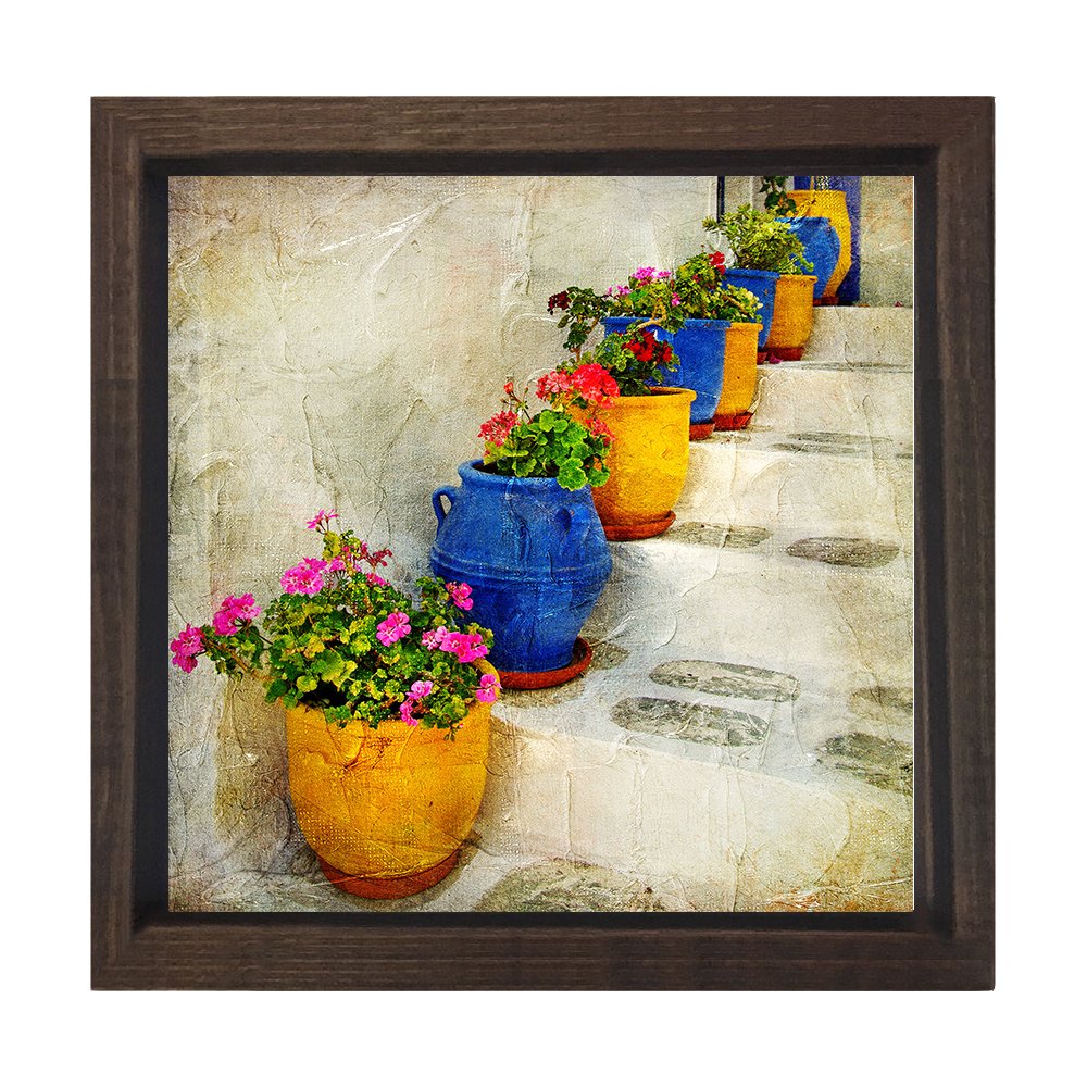 Köy Merdiveni Çiçekli Saksılar Tablosu Kahverengi Ahşap Çerçeve - 30x30