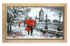 Kırmızı Şemsiyeli Kadın Tablosu Naturel Ahşap - 70x100