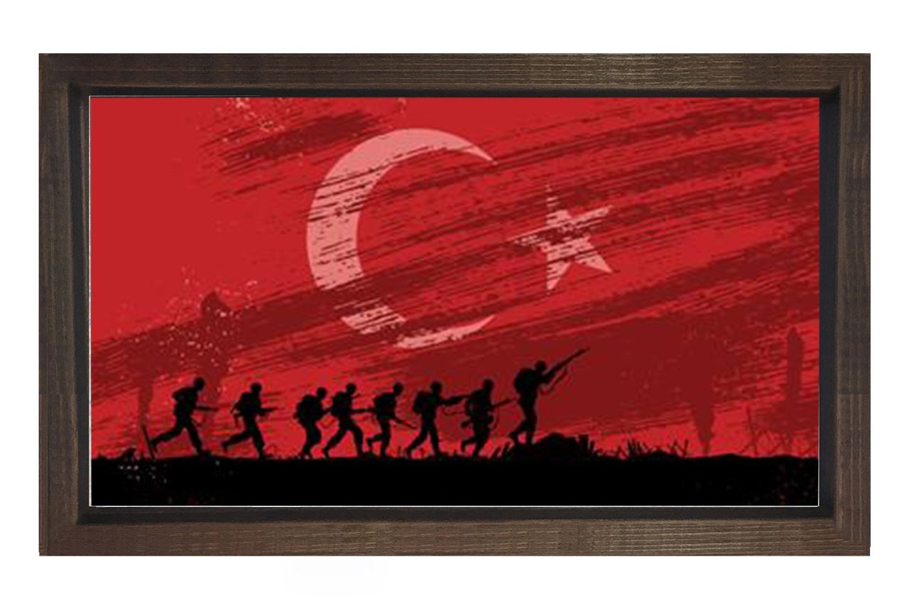 Türk Askeri Ve Türk Bayrağı Tablosu Kahverengi Ahşap - 100x150