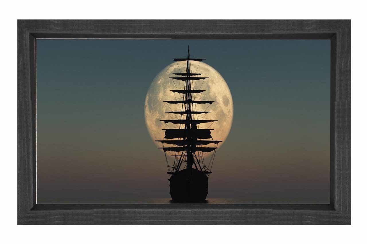Gece Ay Ve Gemi Tablosu Siyah Ahşap Çerçeve - 100x150