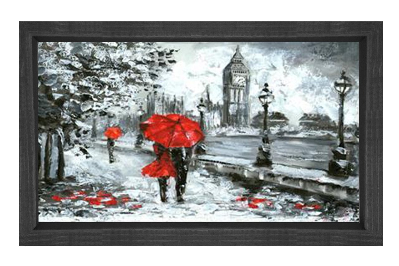 Kırmızı Şemsiyeli Kadın Tablosu Siyah Ahşap - 40x60