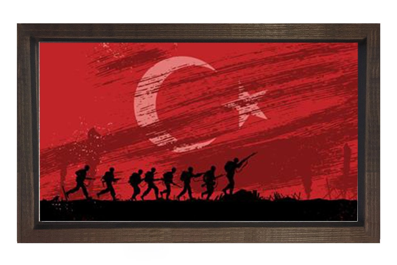 Türk Askeri Ve Türk Bayrağı Tablosu Kahverengi Ahşap - 40x60