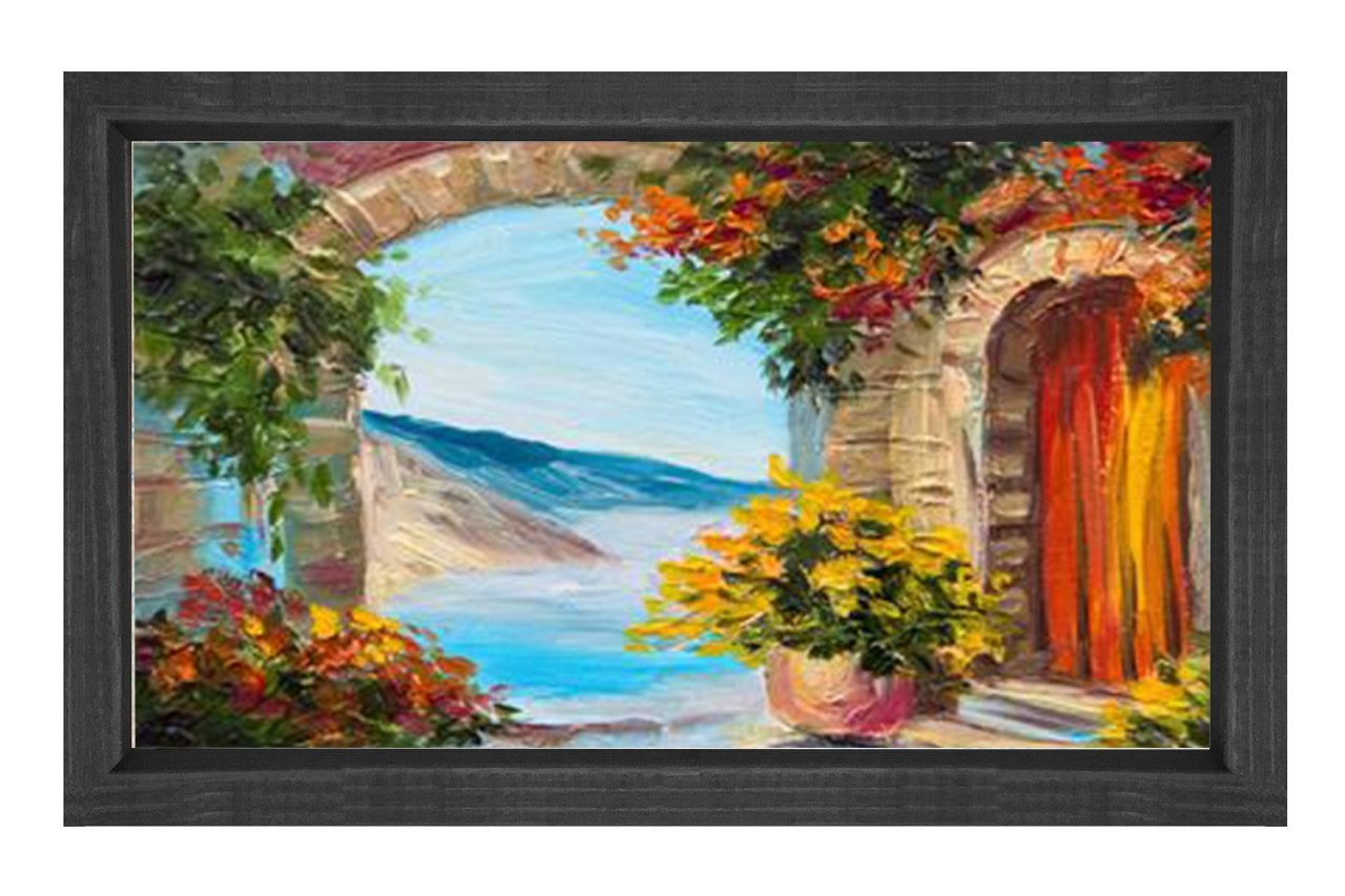 Çiçekli Manzara Yağlıboya Tablosu Siyah Ahşap Çerçeve - 50x70