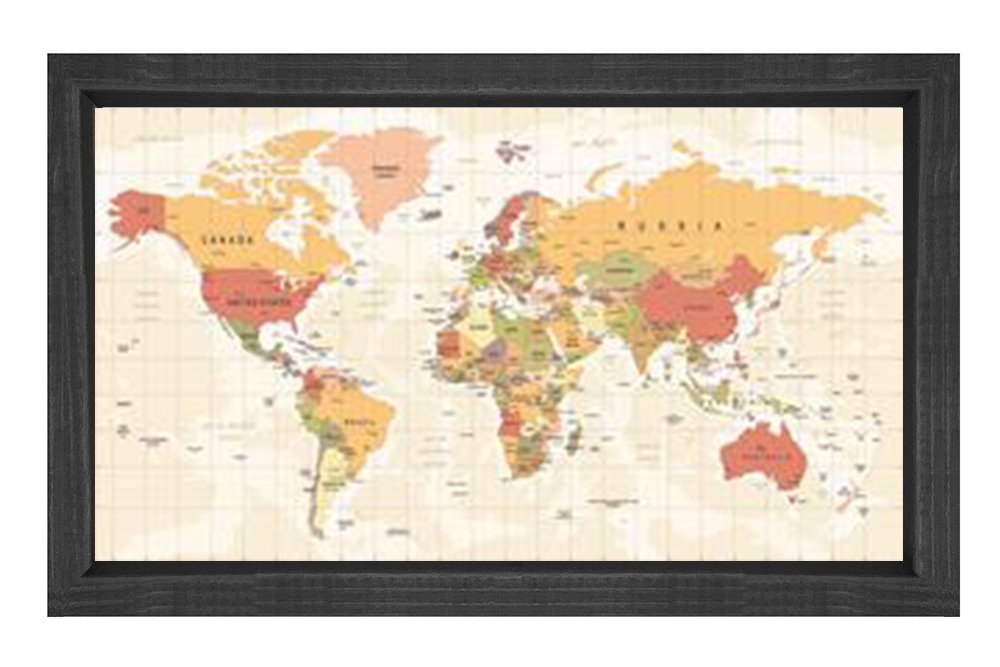 Dünya Haritası Tablosu Siyah Ahşap Çerçeve - 100x200