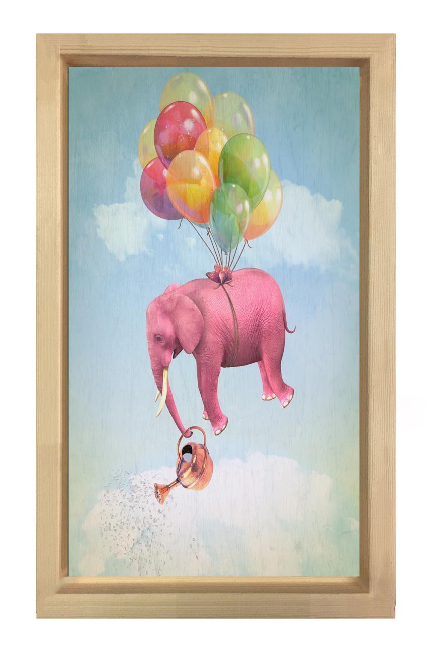 Uçan Hayal Fili Tablosu Naturel Ahşap Çerçeve - 50x70