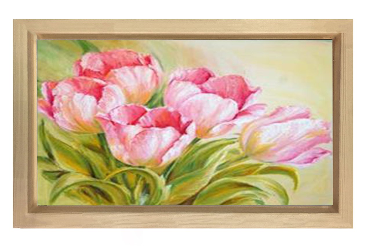 Pembe Gül Çiçekleri Tablosu Naturel Ahşap Çerçeve - 45x30