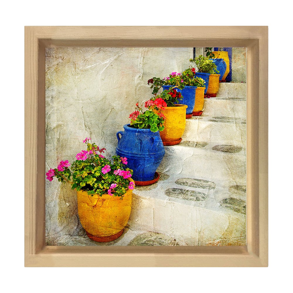Köy Merdiveni Çiçekli Saksılar Tablosu Naturel Ahşap Çerçeve - 50x50