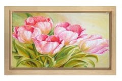 Pembe Gül Çiçekleri Tablosu Naturel Ahşap Çerçeve - 50x90