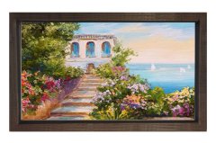 Çiçekli Manzara Yağlıboya Tablosu Kahverengi Ahşap Çerçeve - 50x70
