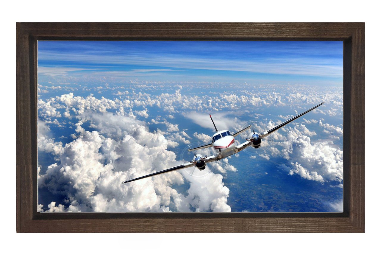Bulut Ve Uçak Tablosu Tablosu Kahverengi Ahşap Çerçeve - 100x150