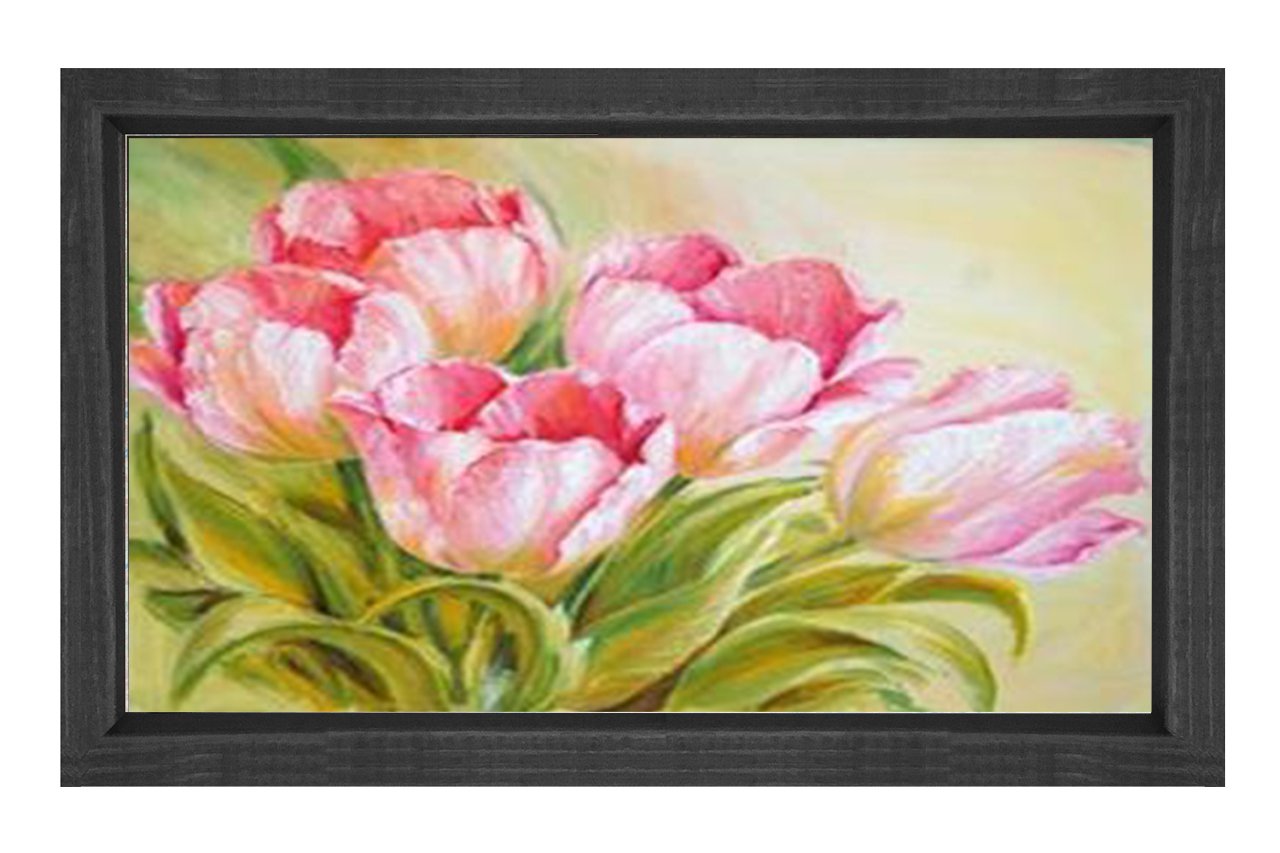 Pembe Gül Çiçekleri Tablosu Siyah Ahşap Çerçeve - 100x200