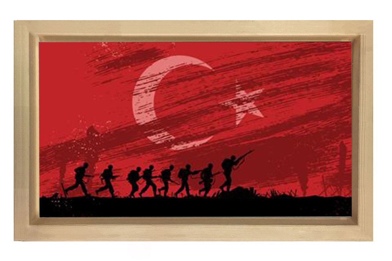 Türk Askeri Ve Türk Bayrağı Tablosu Naturel Ahşap - 50x70