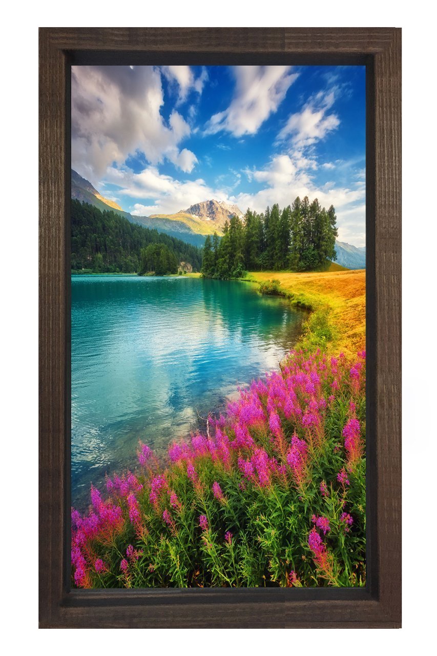 Pembe Çiçekli Göl Manzarası Tablosu Kahverengi Ahşap - 45x30
