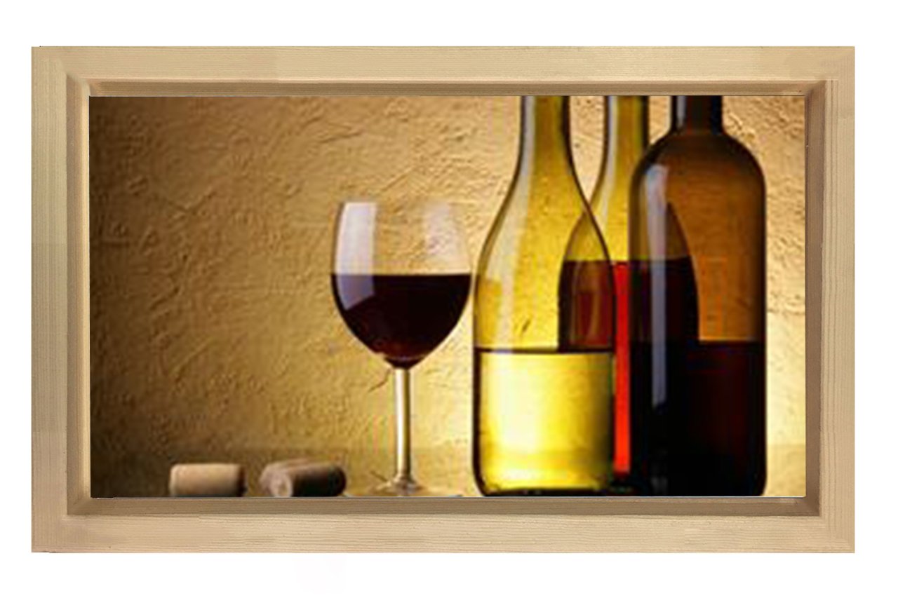 Dekoratif Şarap Şisesi Ve Bardaklar Tablosu Naturel Ahşap Çerçeve - 70x100