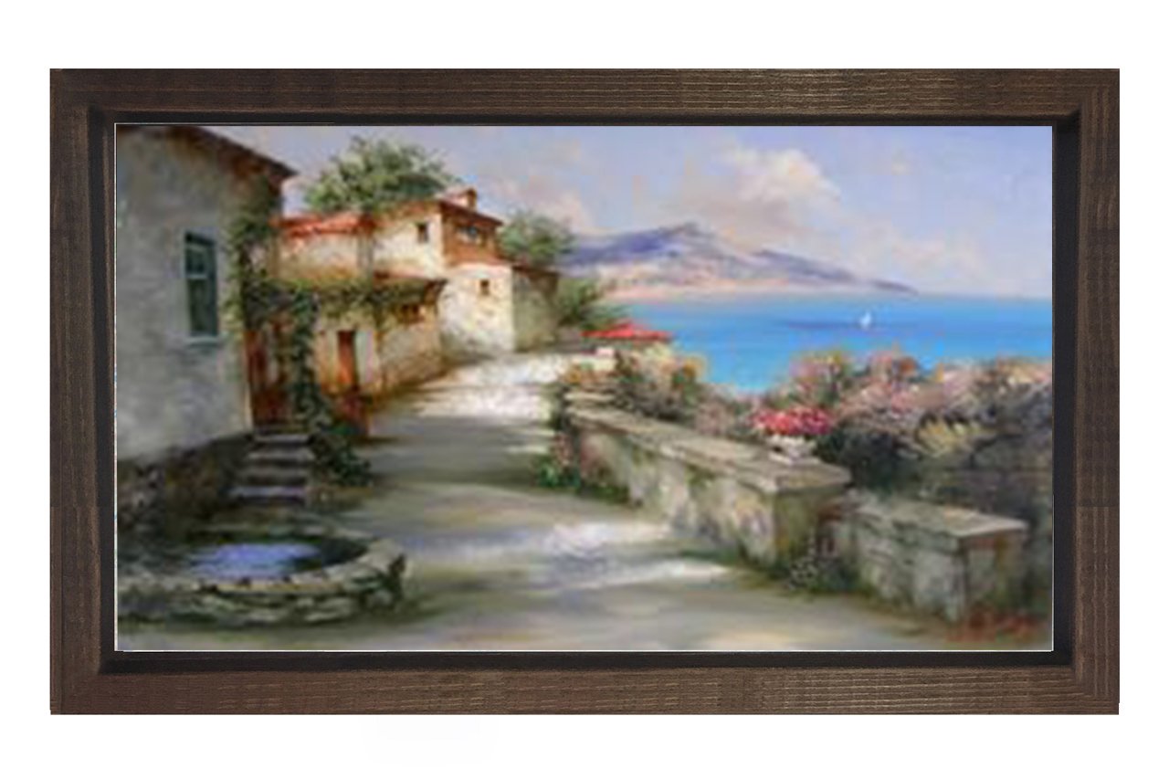 Taş Evler ve Deniz Tablosu Kahverengi Ahşap Çerçeve - 100x200