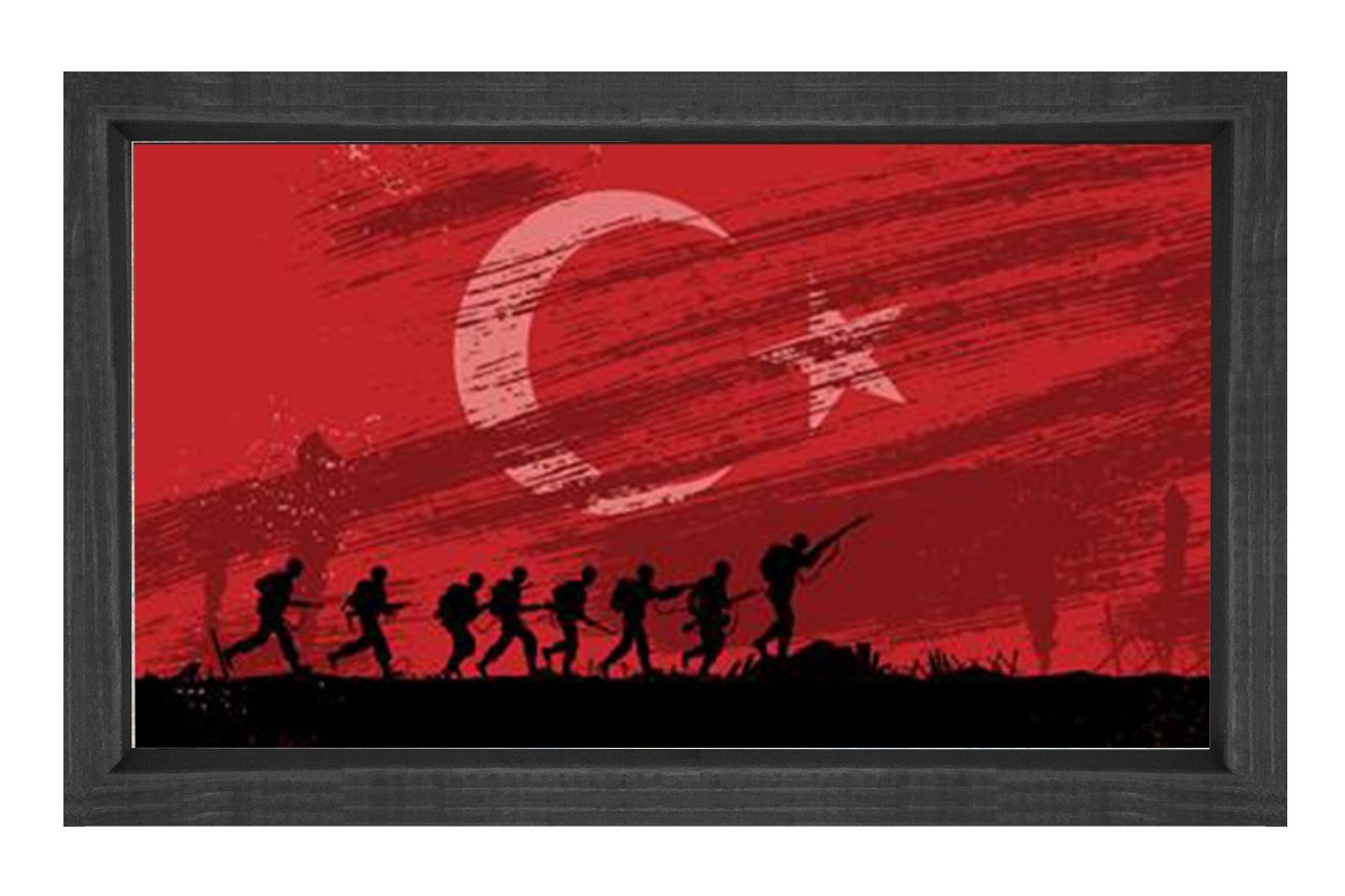 Türk Askeri Ve Türk Bayrağı Tablosu Siyah Ahşap - 50x90