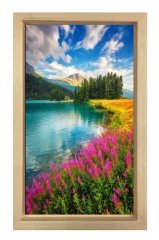 Pembe Çiçekli Göl Manzarası Tablosu Naturel Ahşap - 50x90